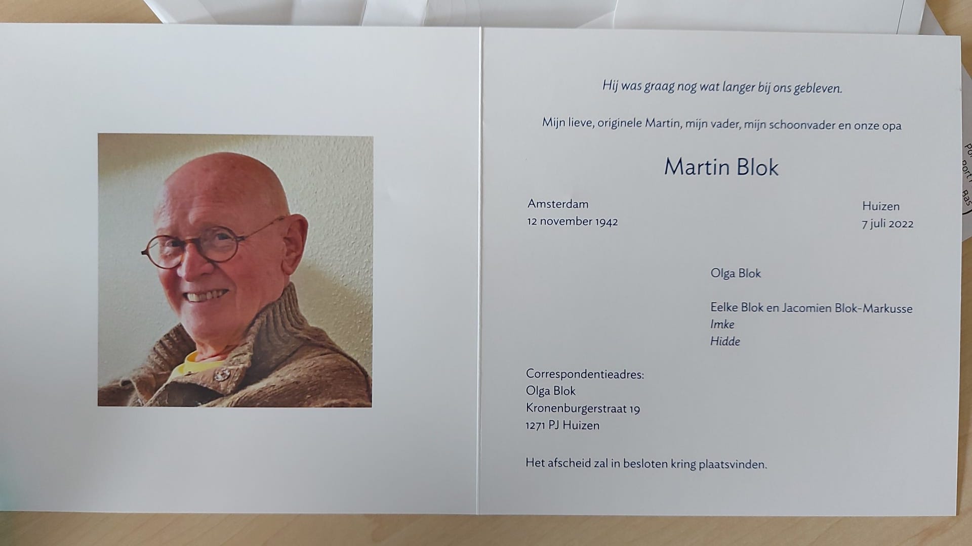 Rouwkaart overlijden Martin Blok